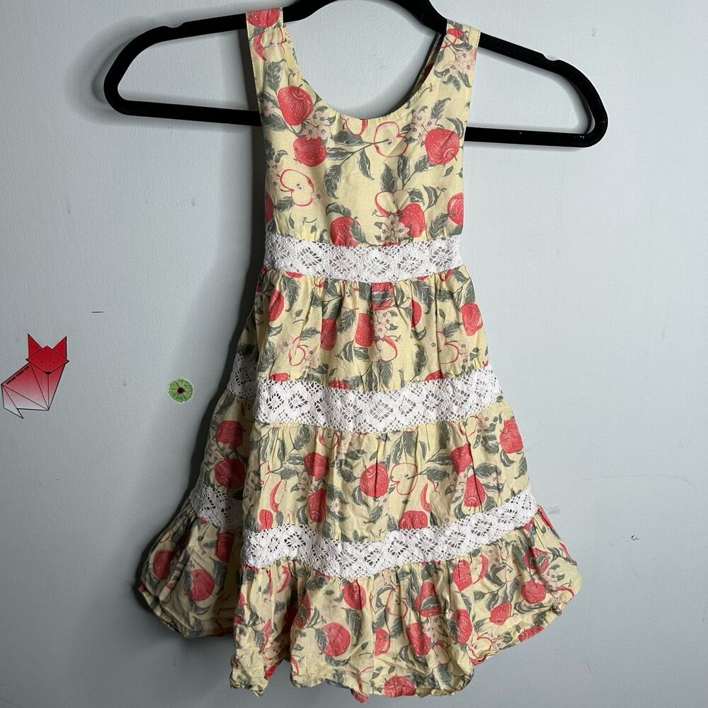 Shabby Chic Apple Print Tiered Ruffle Lace Pinafore Sundress Girls Size 5